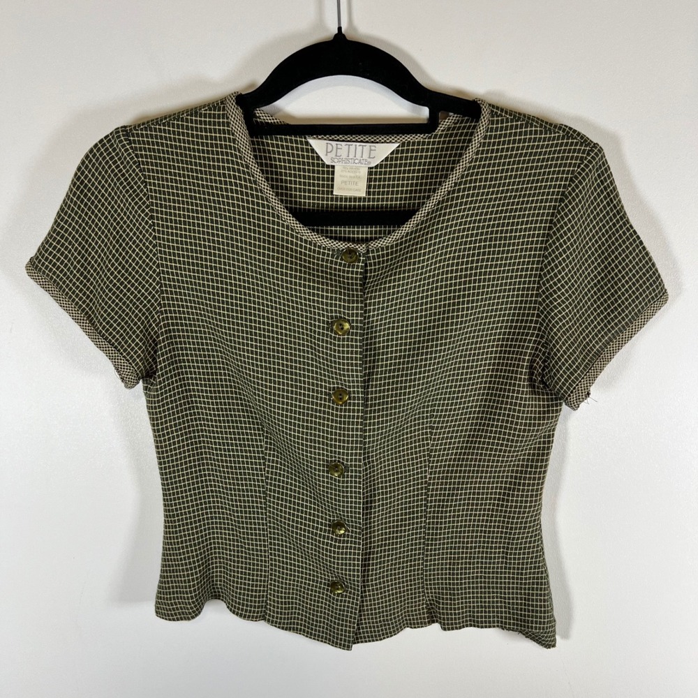 Petite Sophisticate Vintage 2 Piece Skort Set Olive Green Grid Plaid Blouse 90s - Picture 2 of 13